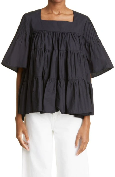 Merlette Brandt Tiered Pintuck High-low Pima Cotton Blouse In Black