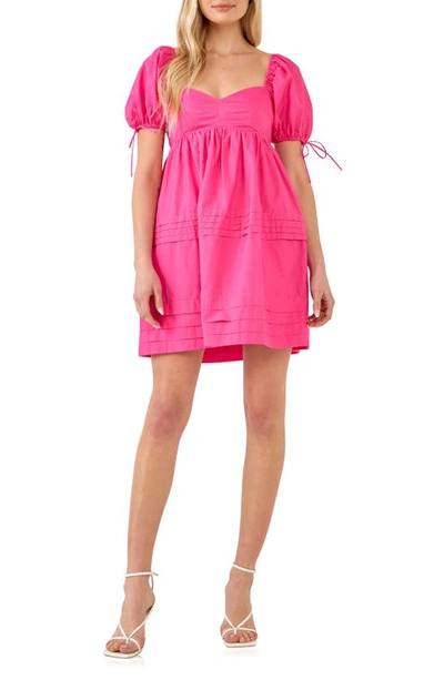 English Factory Pleated Detail Puff Sleeve Mini Dress In Fuchsia