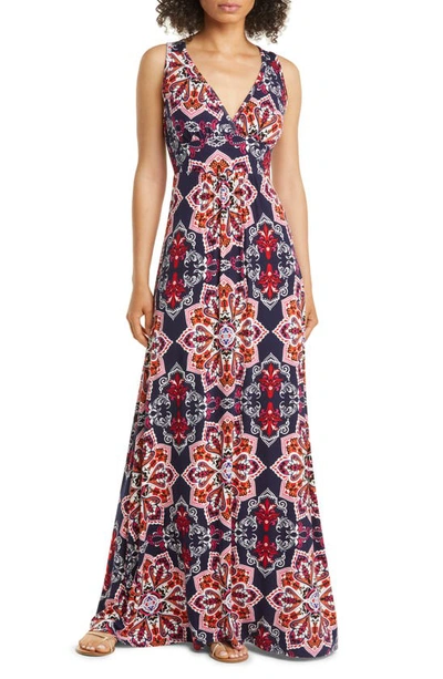 Loveappella Empire Waist Jersey Maxi Dress In Navy Multi