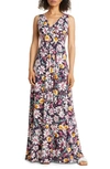 Loveappella Floral Print Empire Waist Jersey Maxi Dress In Navy Multi