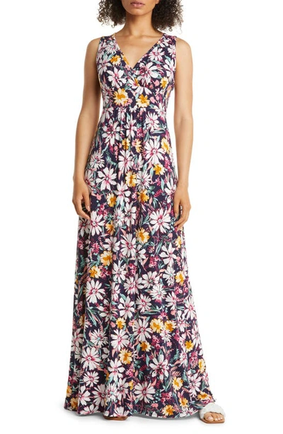 Loveappella Floral Print Empire Waist Jersey Maxi Dress In Navy Multi