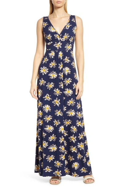 Loveappella Floral Print Empire Waist Jersey Maxi Dress In Navy Yellow