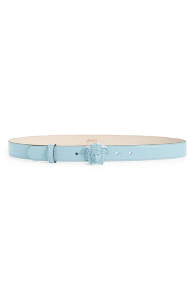 Versace Medusa Leather Belt In Forget Me Not  Gold