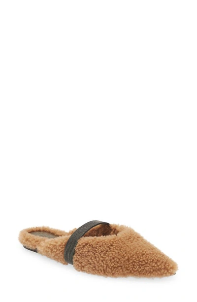 Brunello Cucinelli Monili Beaded Genuine Shearling Slide In Camel