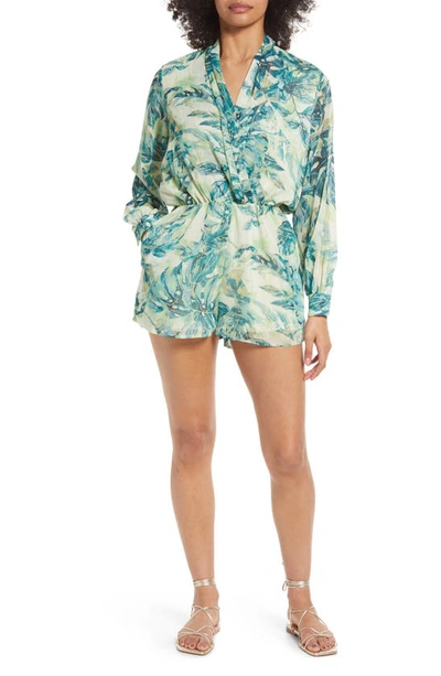 Btfl-life Leaf Print Long Sleeve Romper In Green