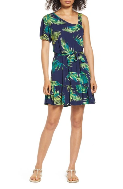 Loveappella Palm Print One-shoulder Knit Dress In Navy Palm