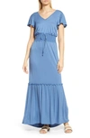 Loveappella Smock Waist Knit Maxi Dress In Denim