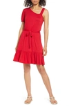 Loveappella One-shoulder Ruffle Hem Knit Dress In Red