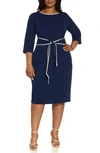 Adrianna Papell Tipped Tie Waist Crepe Dress In Navy Sateen/ Ivory