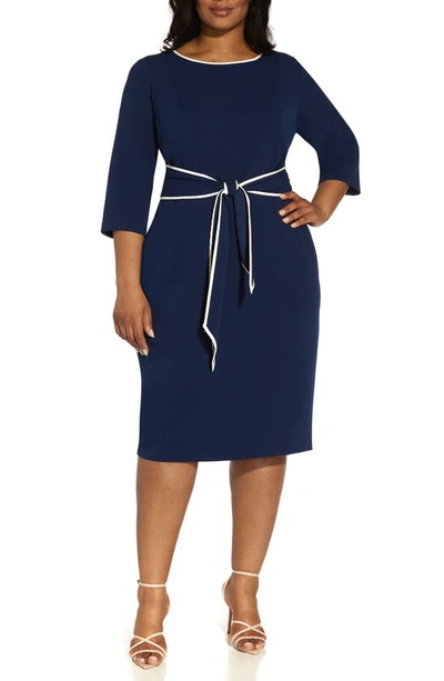Adrianna Papell Tipped Tie Waist Crepe Dress In Navy Sateen/ Ivory