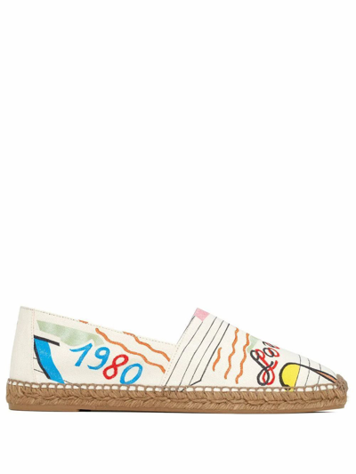 Saint Laurent Embroidered-logo Patterned Espadrilles In White