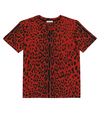 Dolce & Gabbana Kids' Leopard-printed Cotton T-shirt In Leo Nero F.rosso
