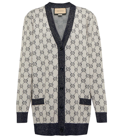 Gucci Gg Intarsia Metallic-trimmed Cotton-blend Cardigan In White