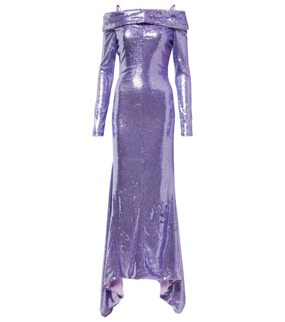 Attico Fanny Sequined Off-shoulder Midi Dress In Lilac