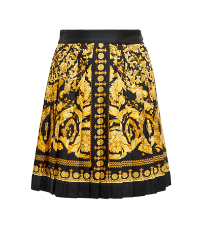 Versace Barocco High-rise Pleated Silk Miniskirt In Black,gold