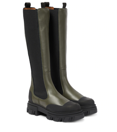 Ganni Chelsea High Leather Boots In Black