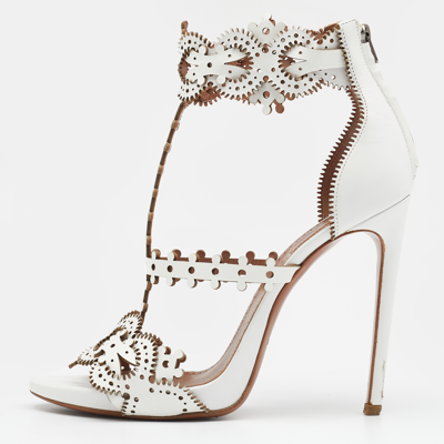 Pre-owned Alaïa White Leather Laser Cut Ankle Strap Sandals Size 39.5
