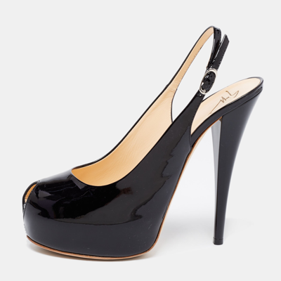 Pre-owned Giuseppe Zanotti Black Patent Leather Peep Toe Slingback Platform Sandals Size 40