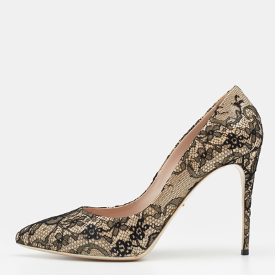 Pre-owned Dolce & Gabbana Black/beige Floral Lace And Patent Leather Pointed Toe Pumps Size 40