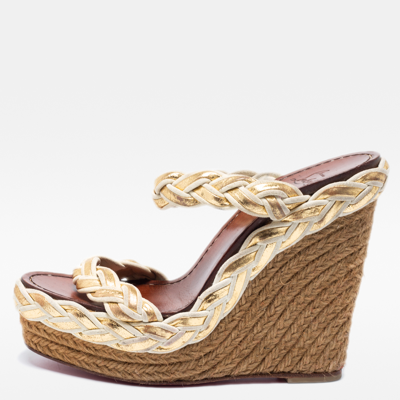 Pre-owned Christian Louboutin Beige/gold Braided Leather And Suede Espadrille Wedge Slide Sandals Size 38