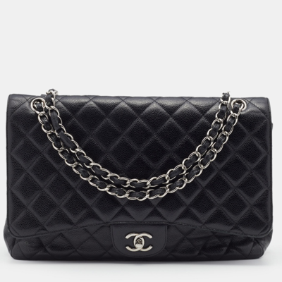 Pre-owned Chanel Black Quilted Caviar Leather Jumbo Classic Single Flap Bag