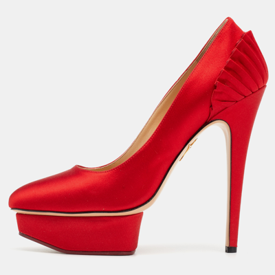 Pre-owned Charlotte Olympia Red Satin Peloma Fan Pleat Pumps Size 39.5
