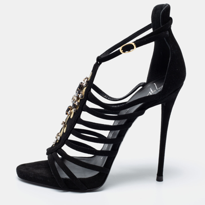 Pre-owned Giuseppe Zanotti Black Suede Crystal Embellished T-bar Sandals Size 40
