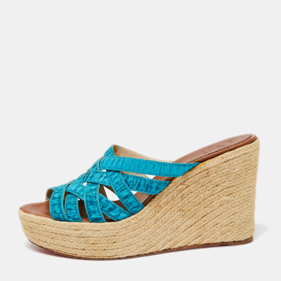 Pre-owned Christian Louboutin Two-tone Pleated Fabric Crepon Espadrille Platform Wedge Sandals Size 41 In Blue