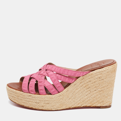 Pre-owned Christian Louboutin Pink Pleated Fabric Espadrille Platform Wedge Sandals Size 41