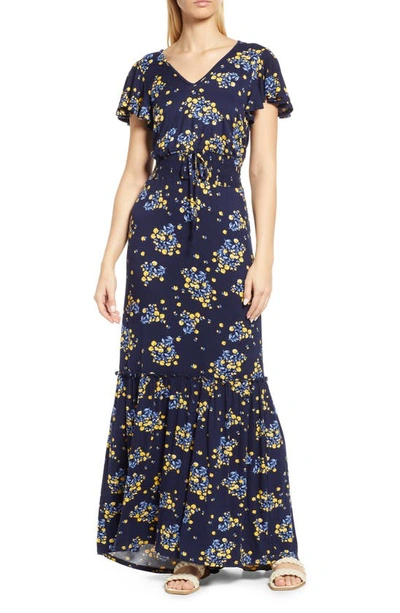 Loveappella Floral Smock Waist Knit Maxi In Navy