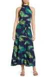 Loveappella Palm Print Halter Neck Knit Maxi Dress In Navy Palm