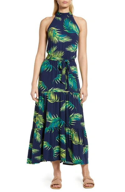 Loveappella Palm Print Halter Neck Knit Maxi Dress In Navy Palm