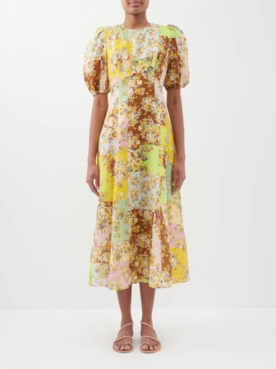 Ale Mais Matilde Patchwork Floral-print Linen Midi Dress In Yellow Multi