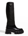 Prada Black Leather And Re-nylon Monolith High Boots In Nero