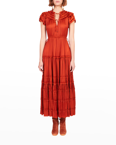 Ulla Johnson Isadora Tiered-sleeve Satin Plisse Midi Dress In Clay