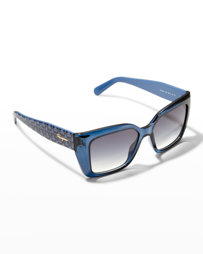 Ferragamo Rectangle Gancio Injection Plastic Sunglasses In Transparent Blue