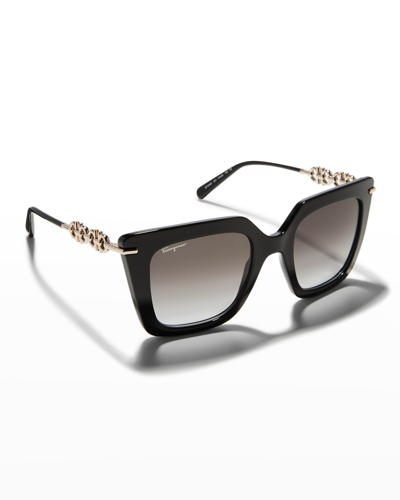 Ferragamo Gancini Chain Square Acetate & Metal Sunglasses In Black