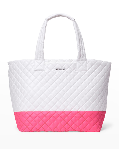 Mz Wallace Large Metro Quilted Nylon Tote Deluxe In Pearl With Neon P