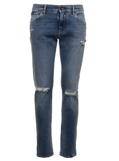 Dolce & Gabbana Distressed Logo Patch Skinny Jeans In Blue