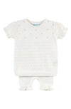 Feltman Brothers Pointelle Knit Short Sleeve Cotton Sweater & Pants Set In Ivory