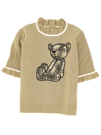 Burberry Kids Bear Embroidered Knit Top In Beige