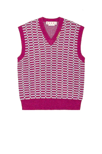 Marni Logo-embroidered Checked Wool Sweater Vest In Pink
