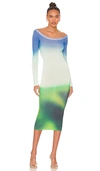 Off-white Off-the-shoulder Printed Stretch-knit Midi Dress In Green