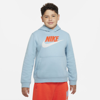 Nike Sportswear Club Fleece Big Kids' Pullover Hoodie (extended Size) In Worn Blue,rush Orange