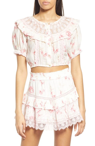 Loveshackfancy Elania Cropped Lace- And Crochet-trimmed Floral-print Cotton-voile Top In Pink