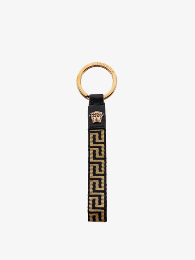 Versace Greca Key Chain In Black+gold