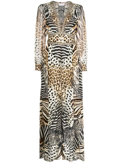 Camilla Embellished Animal-print Silk Crepe De Chine Maxi Dress In Braun