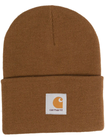 Carhartt Logo-patch Knitted Hat In Braun