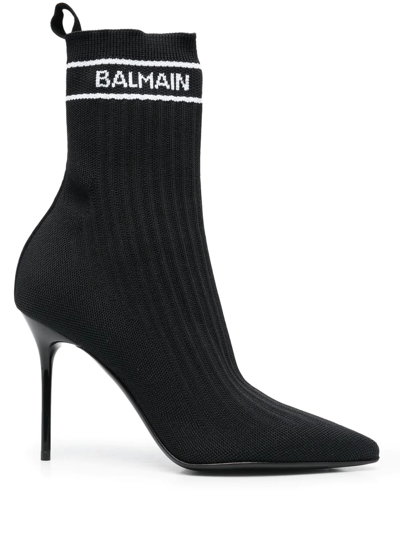 Balmain Skye Logo-detailed Stretch-knit Ankle Boots In Black