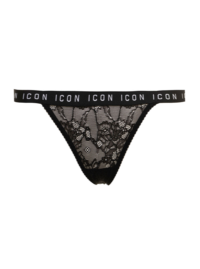 Dsquared2 D-squared2 Womans Black Lace Thong Briefs With Logo Print